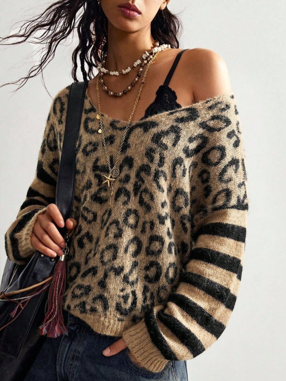 Multicolor Casual Women's V-Neck Sweater Set